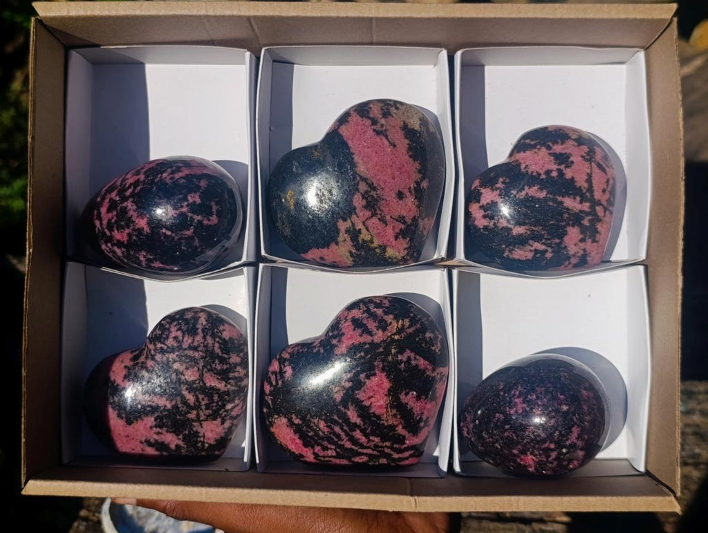 Polished Rhodonite Gemstone Hearts and Eggs x 6 From Ambindavato, Madagascar - Toprock Gemstones and Minerals 