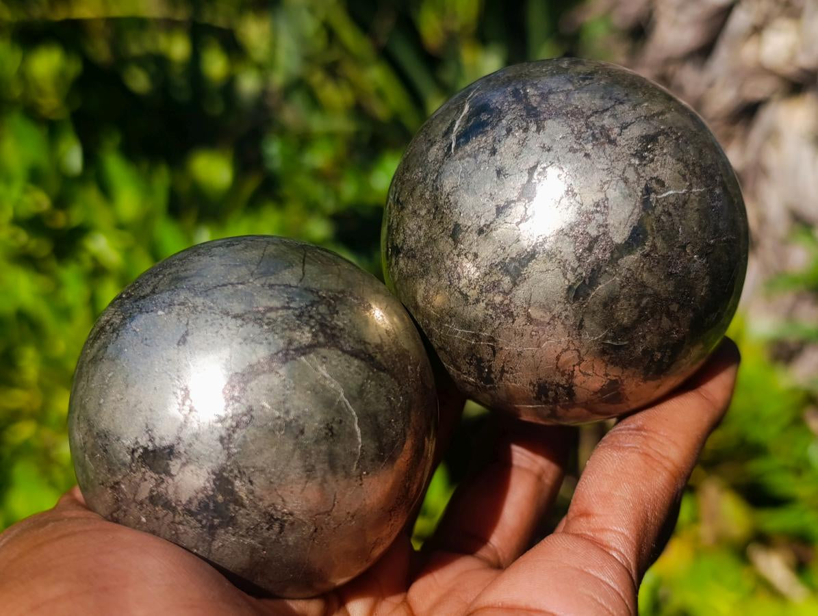 Polished Basalt Pharaoh Stone Spheres x 2 From Iron Duke Mine, Zimbabwe - Toprock Gemstones and Minerals 