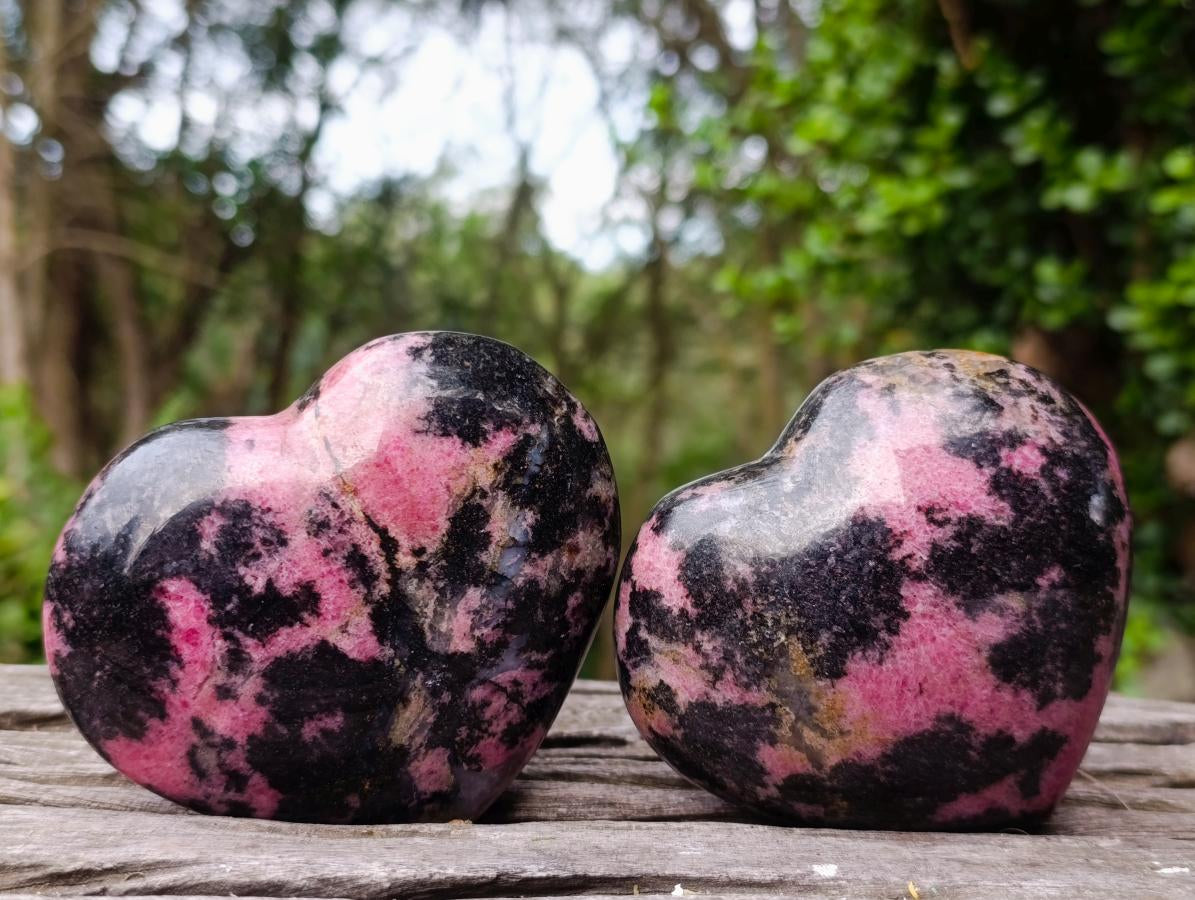 Polished Rhodonite Gemstone Hearts x 2 From Ambindavato, Madagascar - Toprock Gemstones and Minerals 