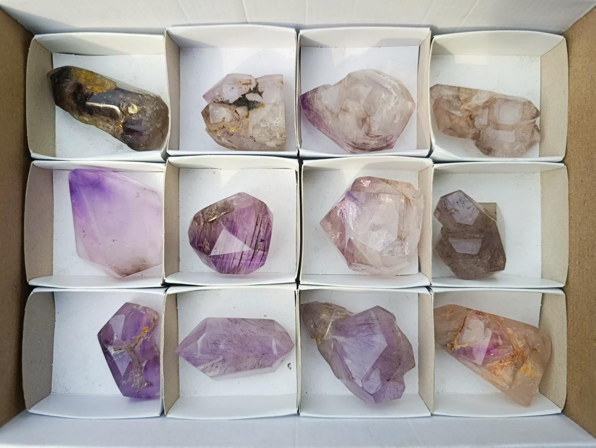 Polished Smokey Amethyst Window Crystals x 12 From Akansobe, Madagascar - Toprock Gemstones and Minerals 