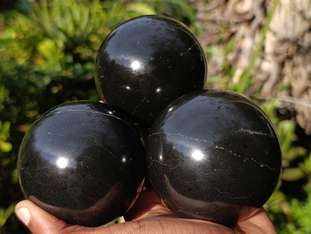 Polished Black Basalt Spheres x 3 From Madagascar - Toprock Gemstones and Minerals 