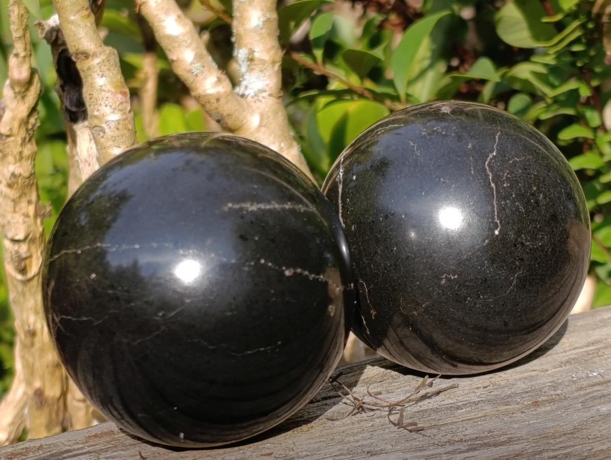 Polished Black Basalt Spheres x 3 From Madagascar - Toprock Gemstones and Minerals 