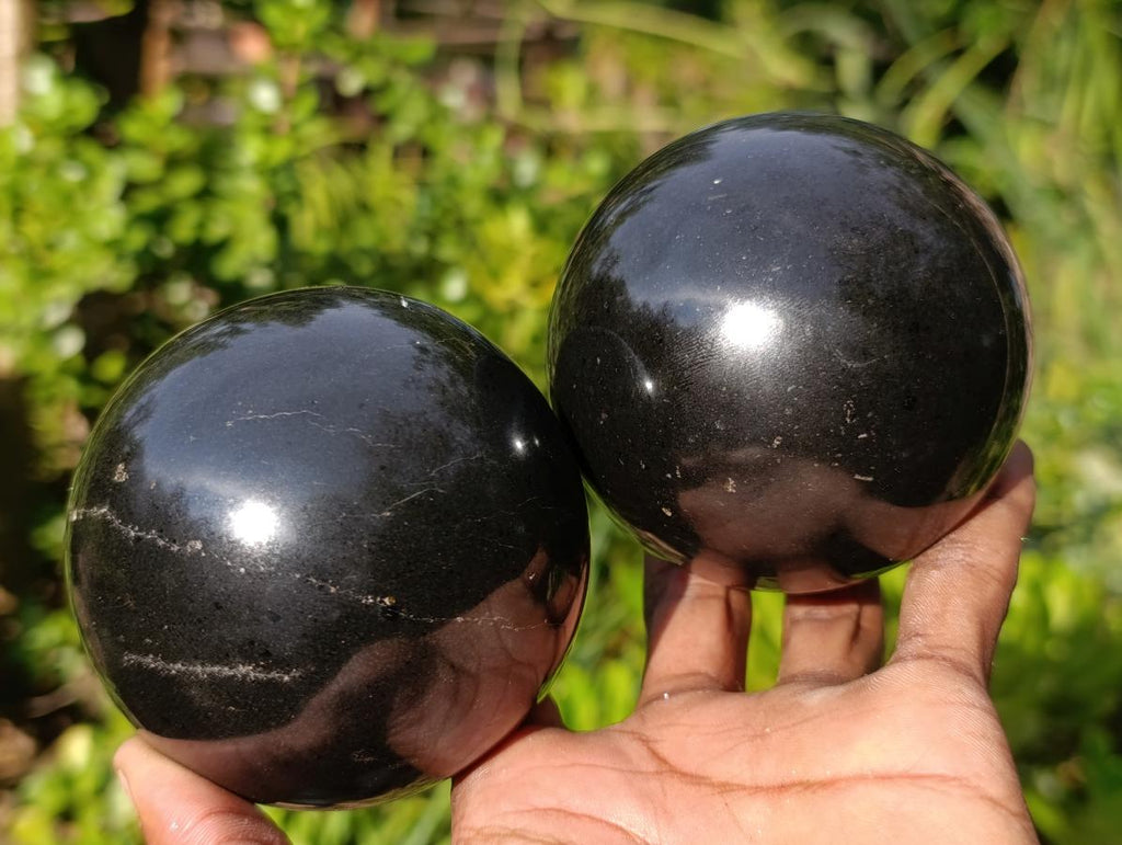 Polished Black Basalt Spheres x 3 From Madagascar - Toprock Gemstones and Minerals 