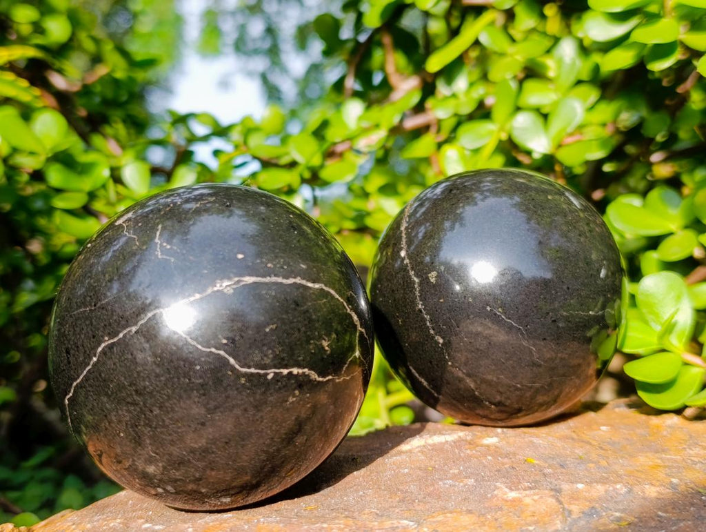 Polished Black Basalt Spheres x 3 From Madagascar - Toprock Gemstones and Minerals 