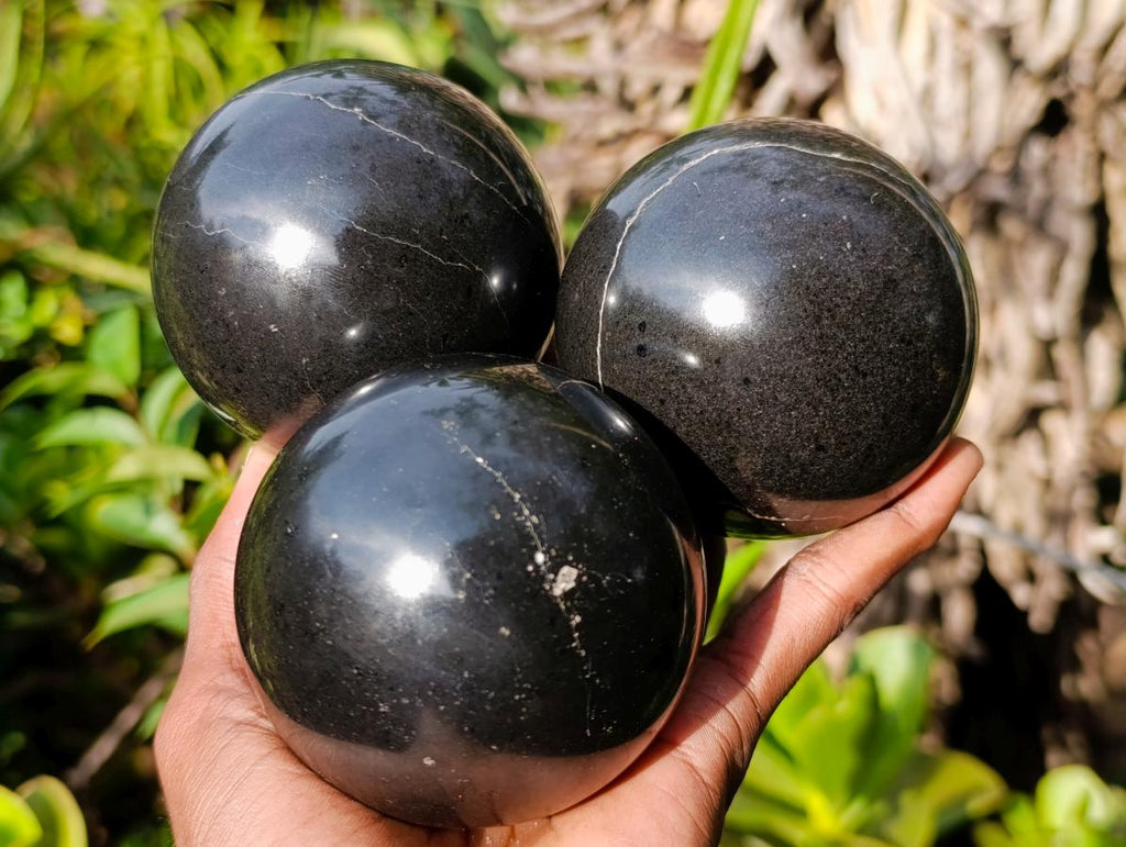 Polished Black Basalt Spheres x 3 From Madagascar - Toprock Gemstones and Minerals 