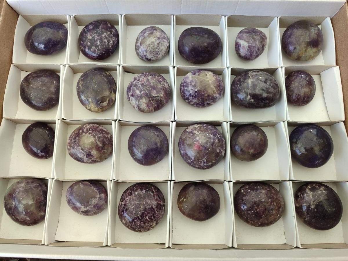 Polished Lepidolite with Pink Rubellite Palm Stones x 24 From Ambatondrazaka, Madagascar - Toprock Gemstones and Minerals 