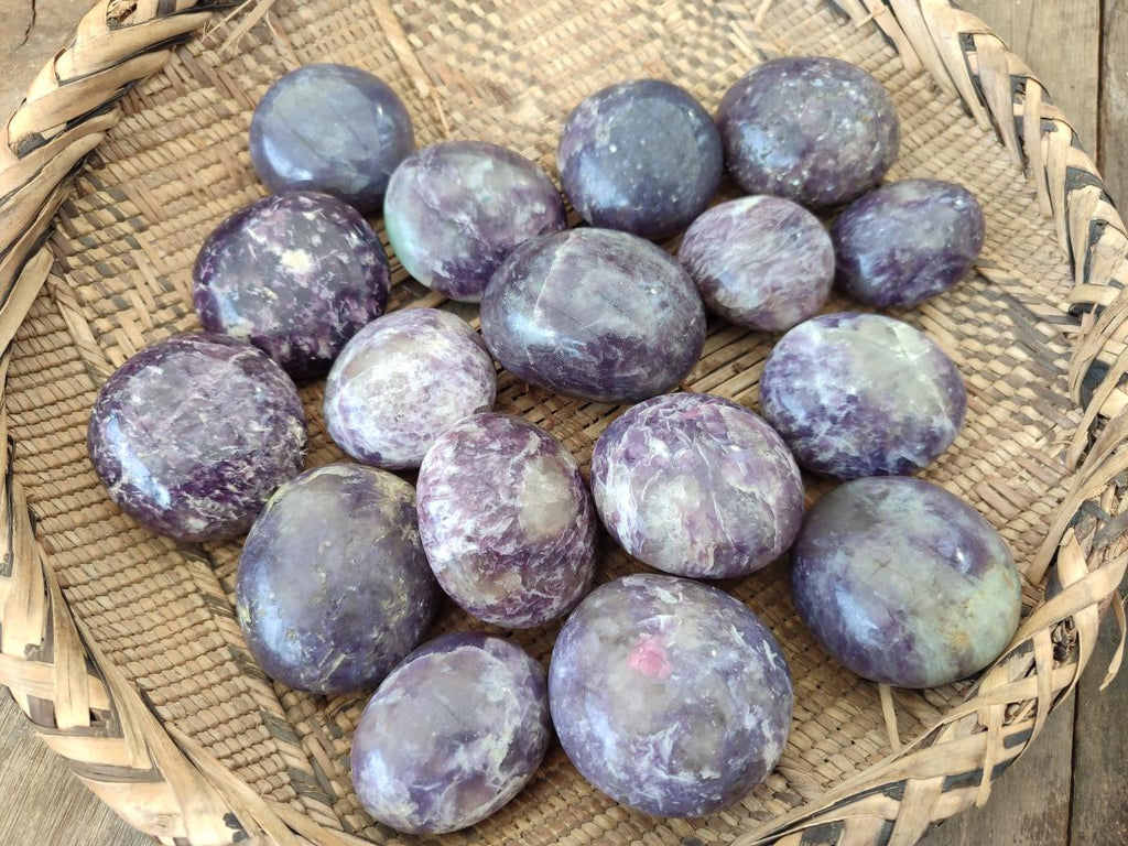 Polished Lepidolite with Pink Rubellite Palm Stones x 24 From Ambatondrazaka, Madagascar - Toprock Gemstones and Minerals 