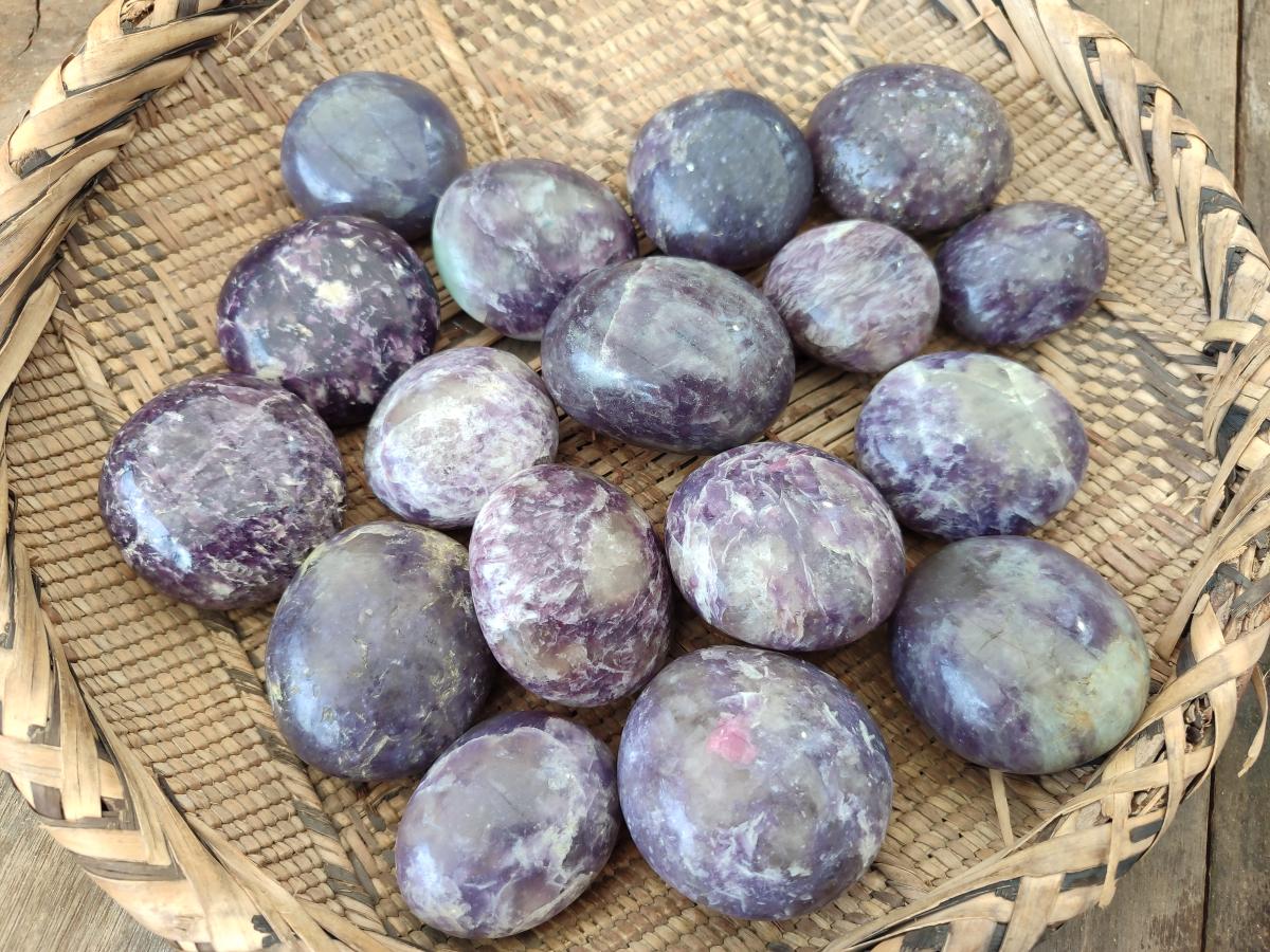 Polished Lepidolite with Pink Rubellite Palm Stones x 24 From Ambatondrazaka, Madagascar - Toprock Gemstones and Minerals 