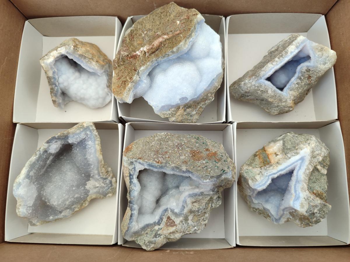 Natural Blue Lace Agate Geode Specimens x 6 From Nsanje, Malawi - Toprock Gemstones and Minerals 