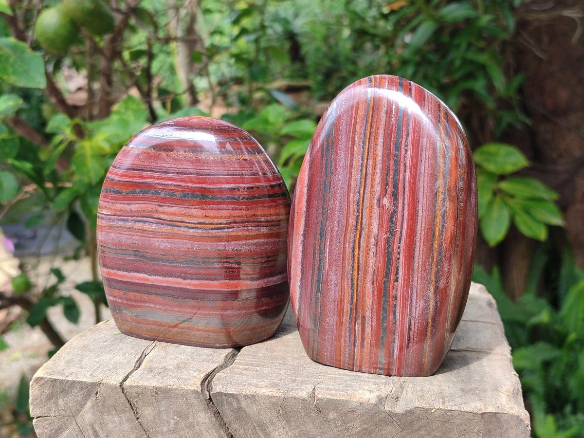 Polished Banded Tiger Iron Standing Display Pieces x 2 From South Africa - Toprock Gemstones and Minerals 