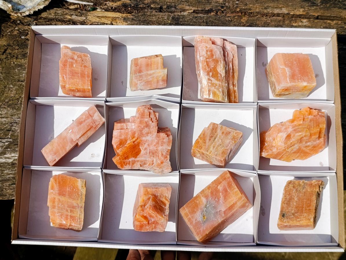 Natural Rhombohedral Sunset Orange Calcite Specimens x 12 From Spitzkop, Namibia - Toprock Gemstones and Minerals 