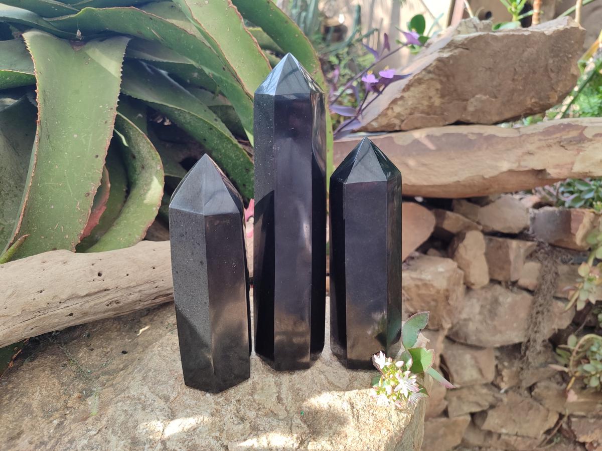 Polished Black Basalt Display Crystals x 3 From Madagascar - Toprock Gemstones and Minerals 