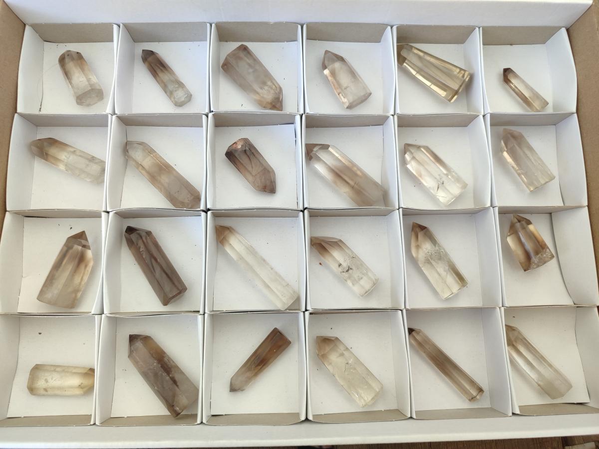 Polished Wispy Smokey Window Quartz Crystals x 24 From Madagascar - Toprock Gemstones and Minerals 