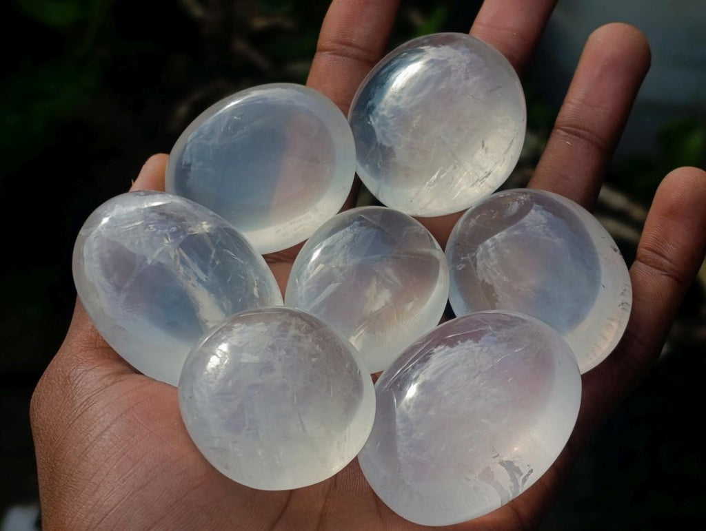 Polished Girasol Pearl Quartz Palm Stones x 20 From Ambatondrazaka, Madagascar - Toprock Gemstones and Minerals 