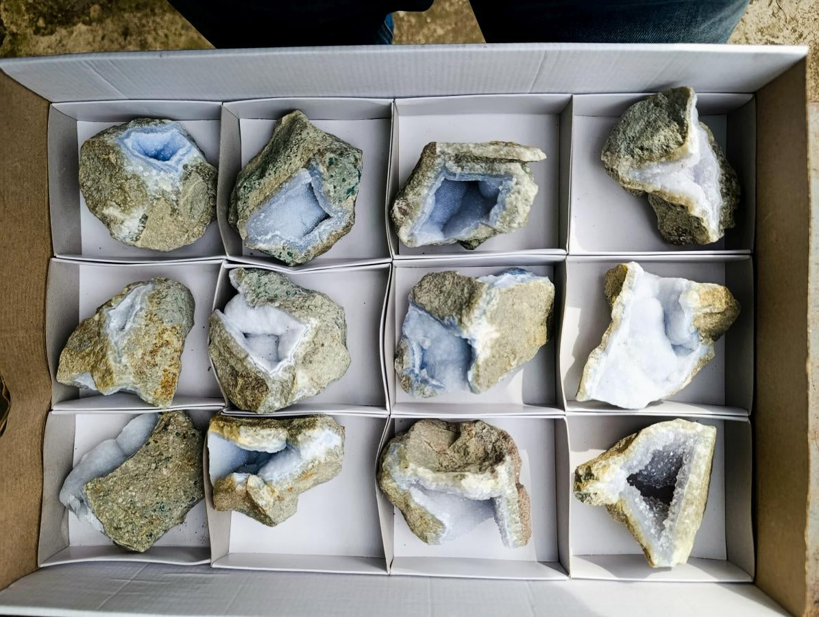Natural Blue Lace Agate Geode Specimens x 12 From Nsanje, Malawi - Toprock Gemstones and Minerals 