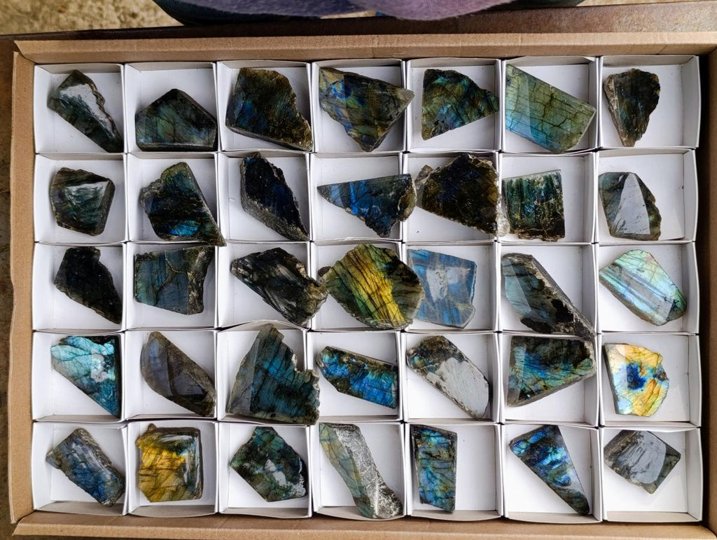 Polished One Side Labradorite Slices x 35 From Madagascar - Toprock Gemstones and Minerals 