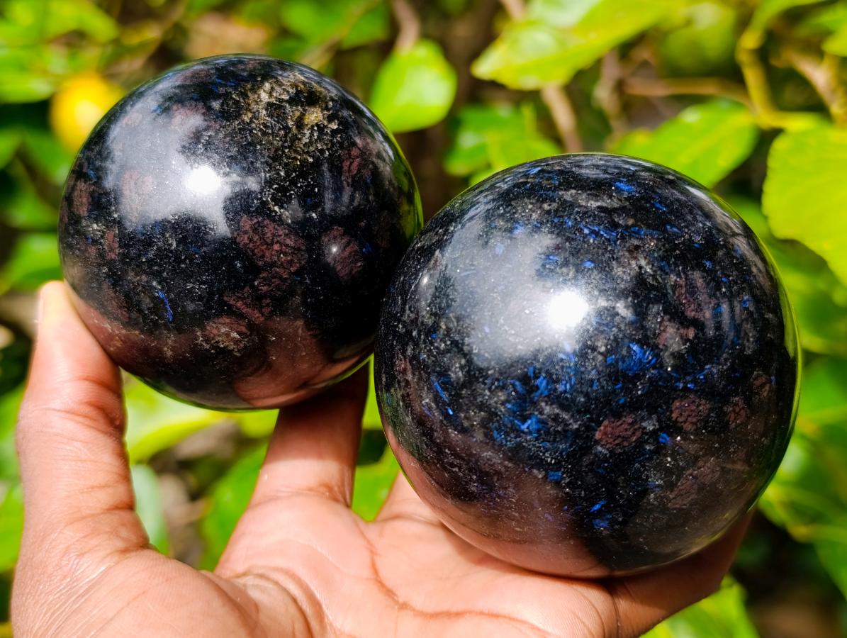 Polished Large "Water Sapphire" Spheres with Sillimanite x 2 From Ambatofinandrahana, Madagascar - Toprock Gemstones and Minerals 