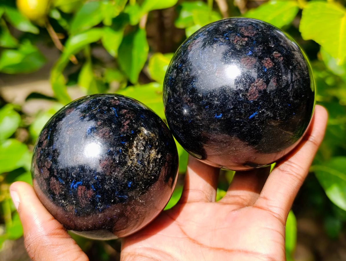Polished Large "Water Sapphire" Spheres with Sillimanite x 2 From Ambatofinandrahana, Madagascar - Toprock Gemstones and Minerals 