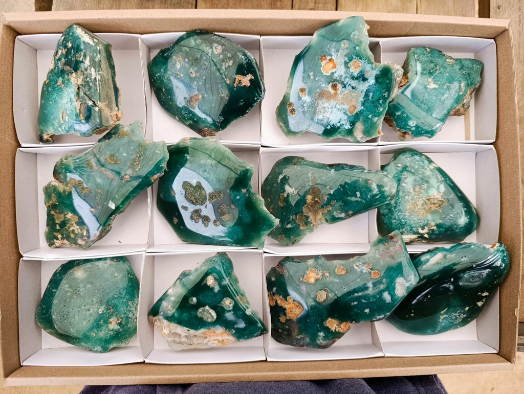 Polished On One Side Mtorolite Chrysoprase Plates x 12 From Mutorashanga, Zimbabwe - Toprock Gemstones and Minerals 