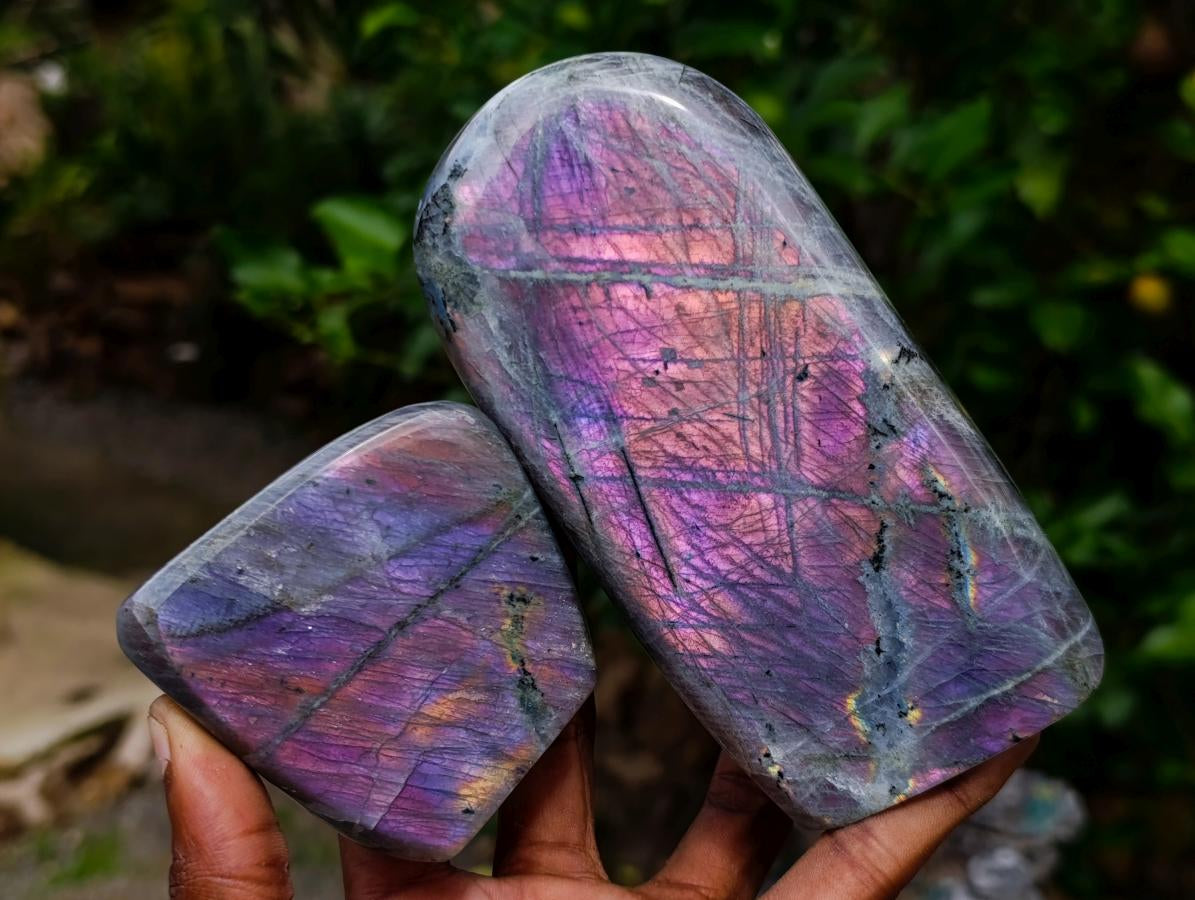 Polished Rare Purple Sunset Flash Labradorite Standing Display Pieces x 3 From Madagascar - Toprock Gemstones and Minerals 