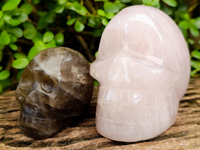 Polished Rose Quartz and Smokey Quartz Skulls x 2 From Madagascar - Toprock Gemstones and Minerals 