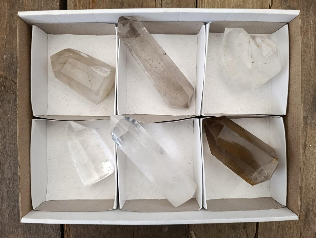 Polished Mix of Clear and Smokey Quartz Crystals x 6 From Madagascar - Toprock Gemstones and Minerals 
