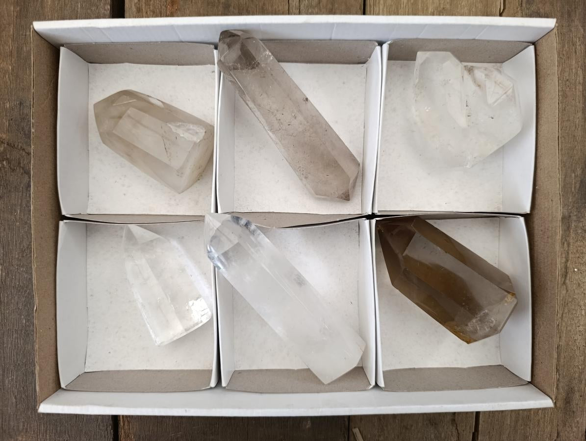 Polished Mix of Clear and Smokey Quartz Crystals x 6 From Madagascar - Toprock Gemstones and Minerals 
