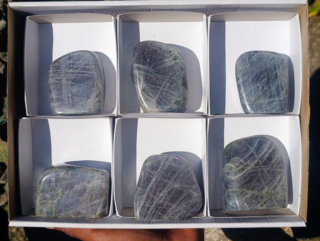 Polished Rare Purple Sunset Flash Labradorite Standing Display Pieces x 6 From Madagascar - Toprock Gemstones and Minerals 