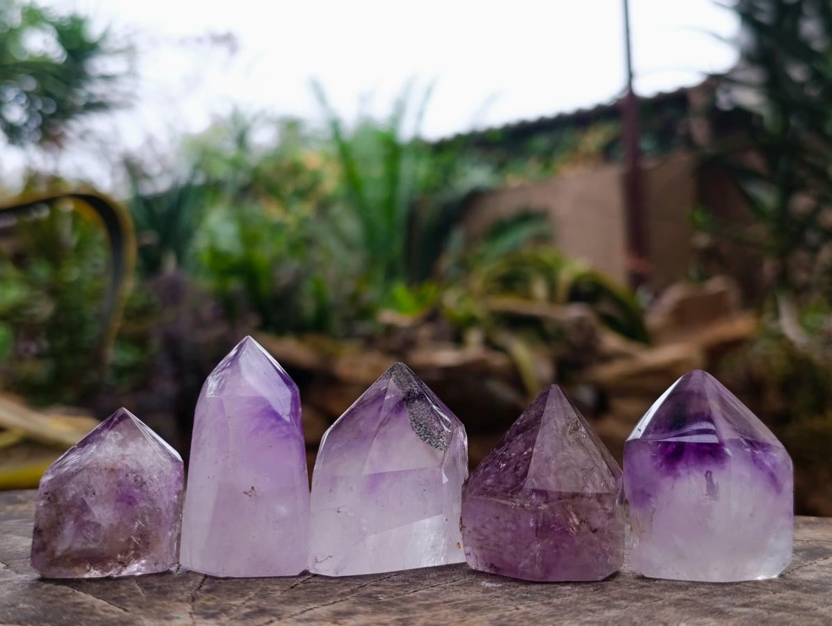 Polished Smokey Window Amethyst Crystals with Enhydro x 12 From Akansobe, Madagascar - Toprock Gemstones and Minerals 