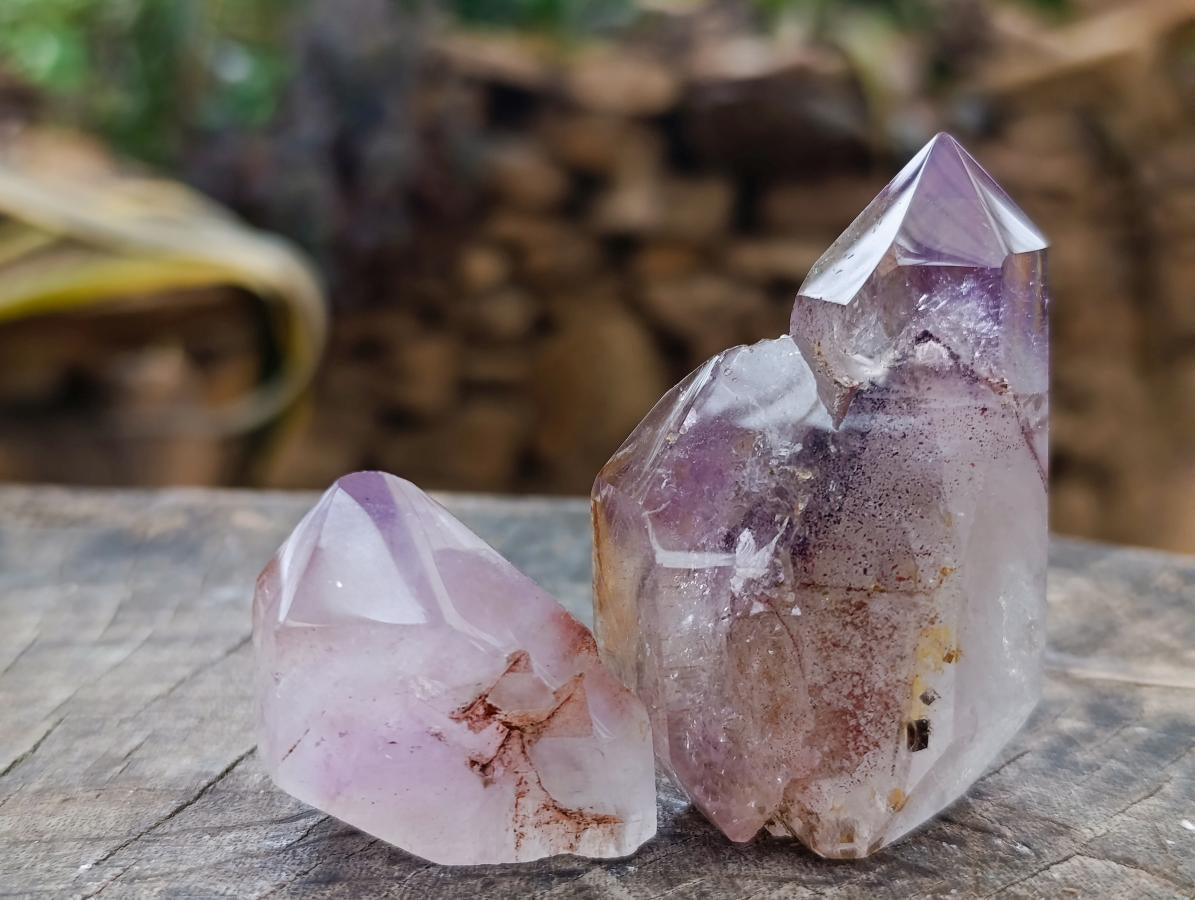 Polished Smokey Window Amethyst Crystals with Enhydro x 12 From Akansobe, Madagascar - Toprock Gemstones and Minerals 
