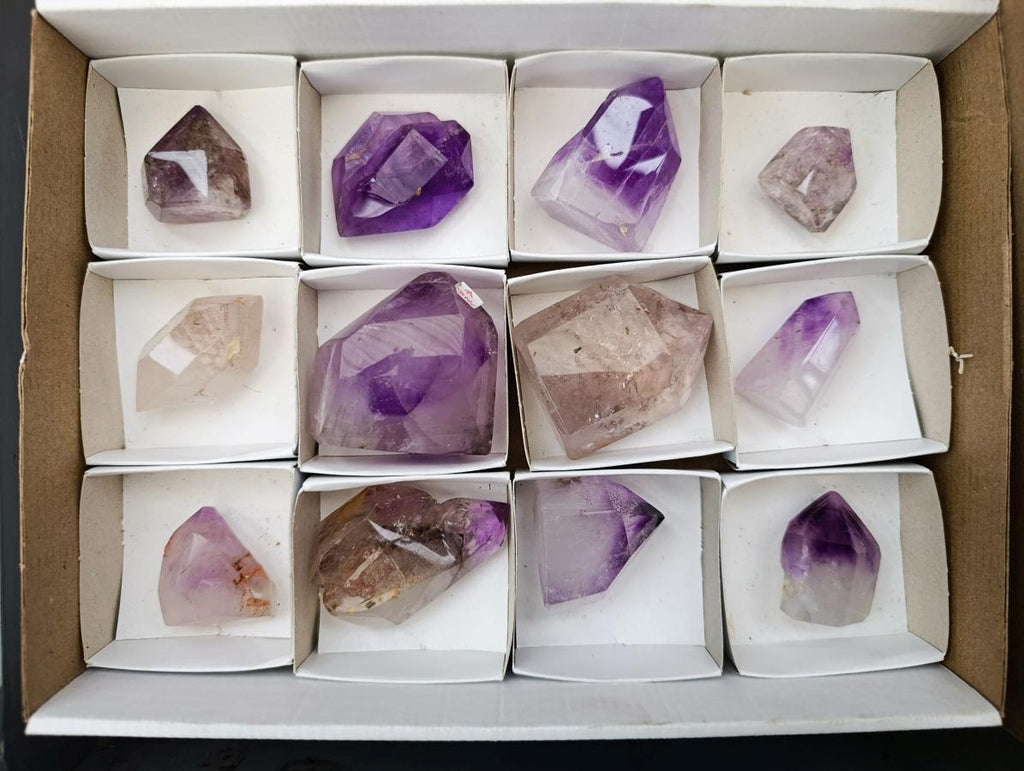 Polished Smokey Window Amethyst Crystals with Enhydro x 12 From Akansobe, Madagascar - Toprock Gemstones and Minerals 