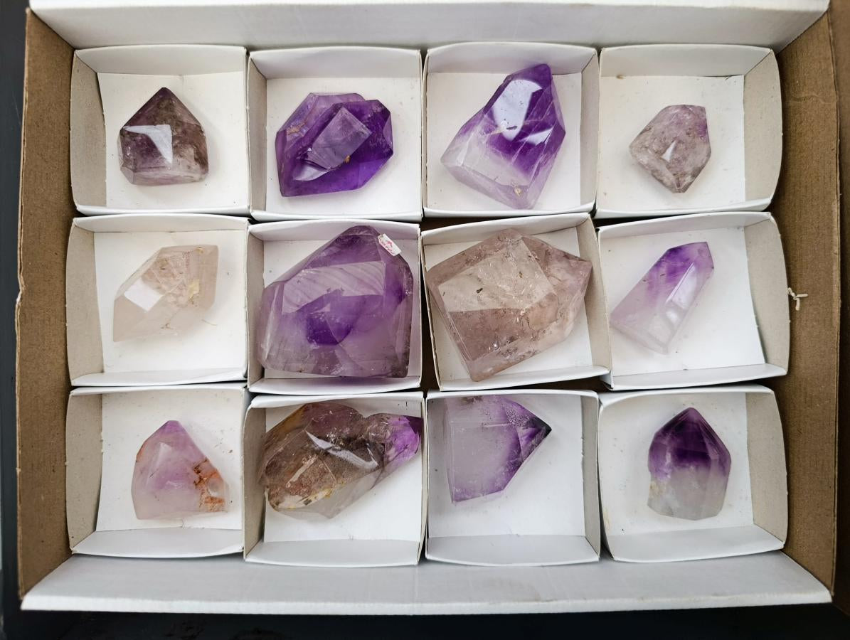 Polished Smokey Window Amethyst Crystals with Enhydro x 12 From Akansobe, Madagascar - Toprock Gemstones and Minerals 