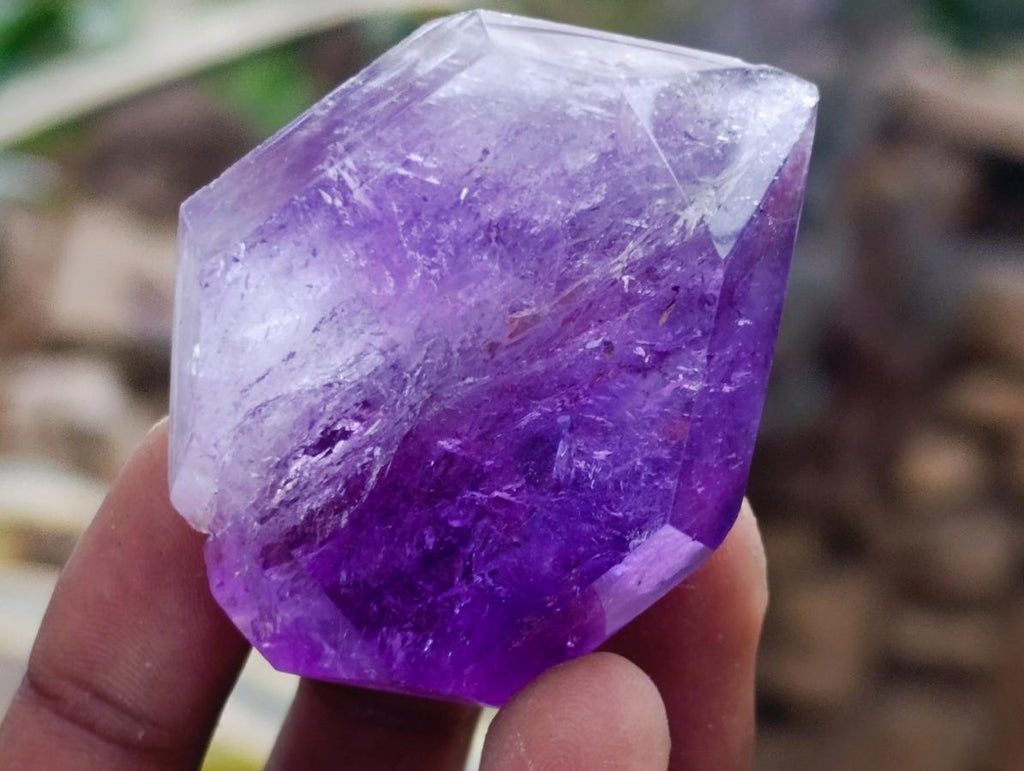 Polished Smokey Window Amethyst Crystals with Enhydro x 12 From Akansobe, Madagascar - Toprock Gemstones and Minerals 