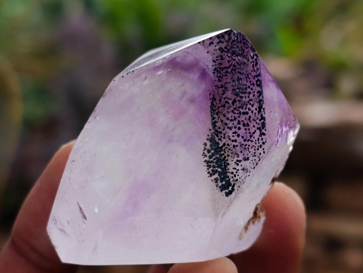 Polished Smokey Window Amethyst Crystals with Enhydro x 12 From Akansobe, Madagascar - Toprock Gemstones and Minerals 