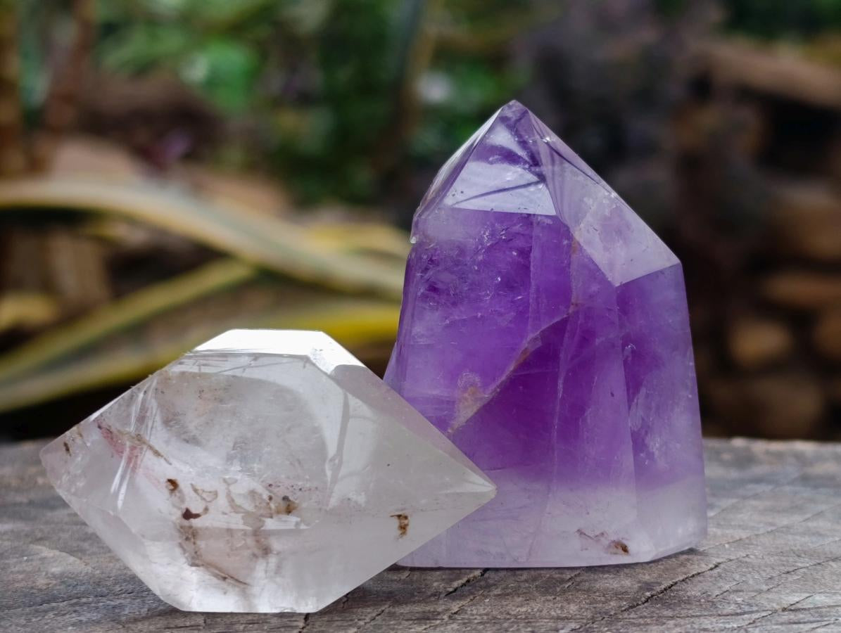Polished Smokey Window Amethyst Crystals with Enhydro x 12 From Akansobe, Madagascar - Toprock Gemstones and Minerals 