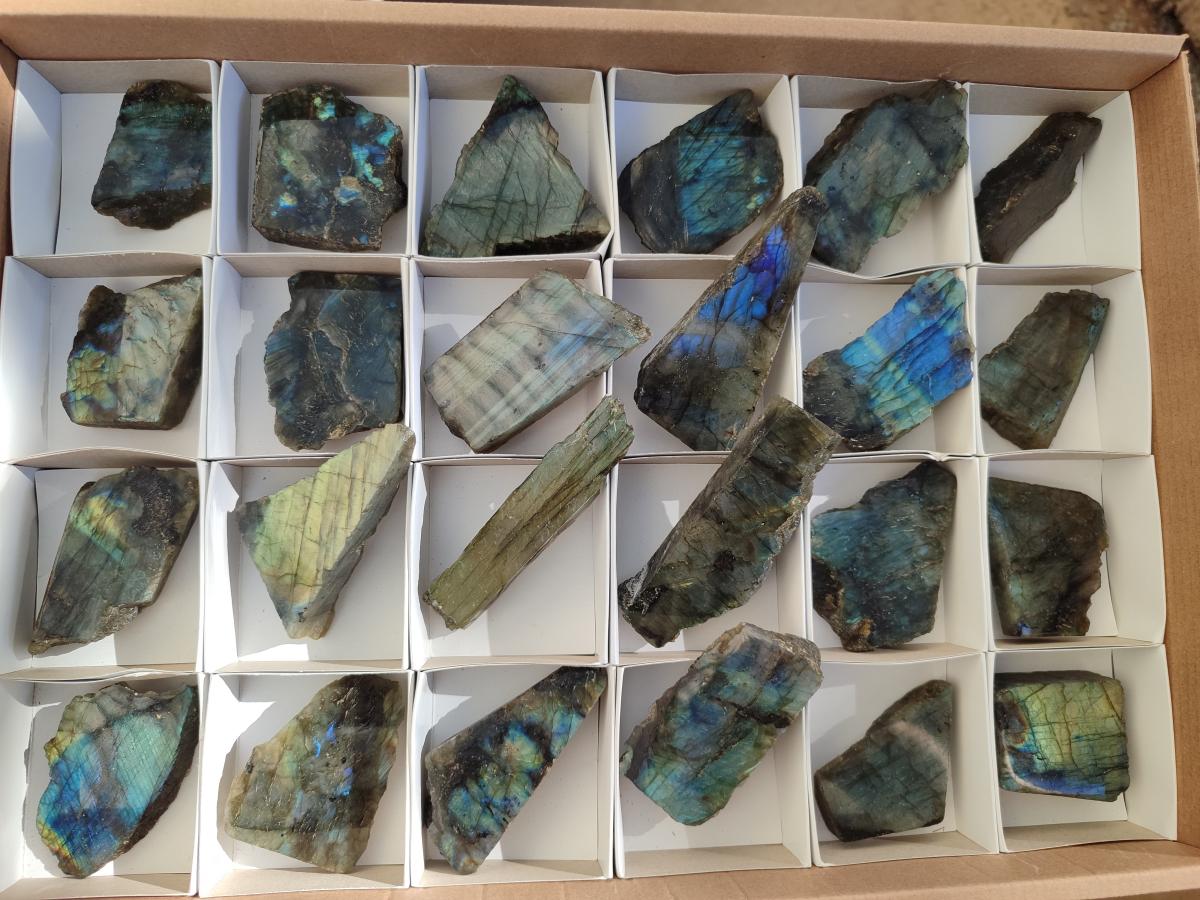 Polished One Side Labradorite Display Slices x 24 From Madagascar - Toprock Gemstones and Minerals 