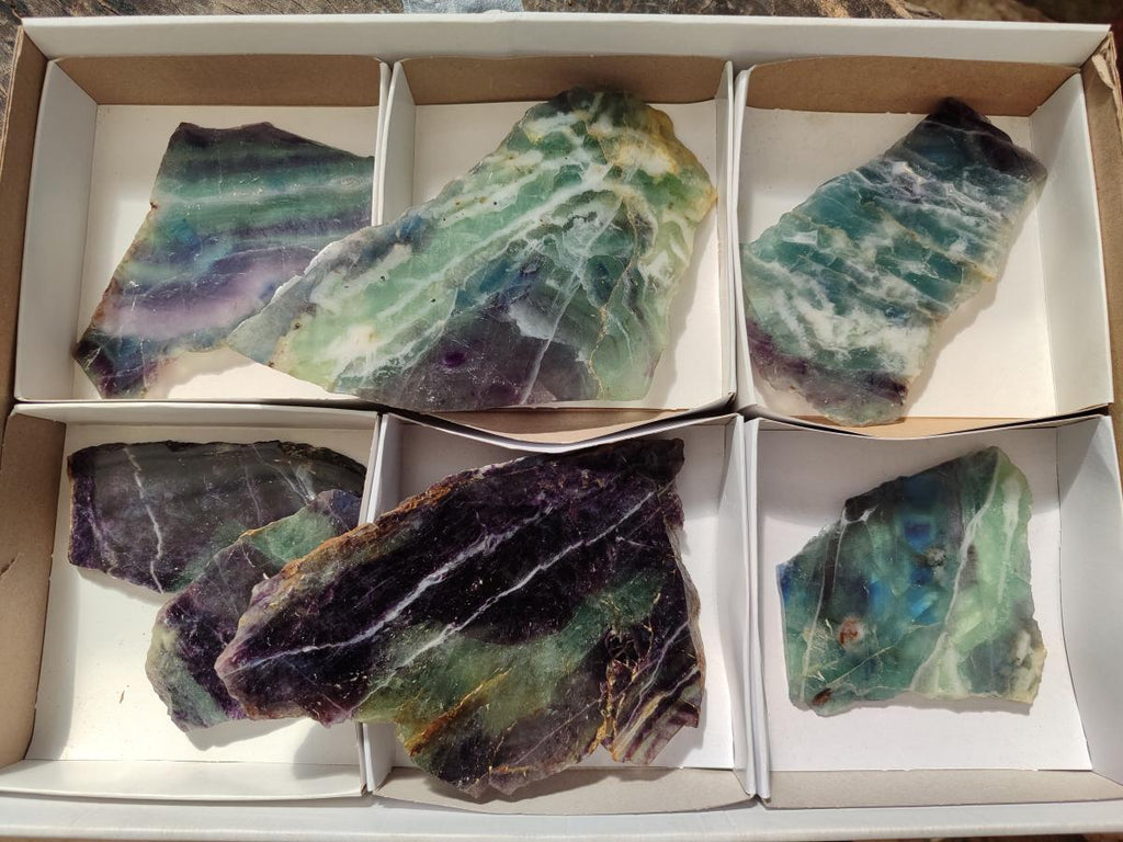 Polished Watermelon Fluorite Slices x 7 From Uis, Namibia - Toprock Gemstones and Minerals 