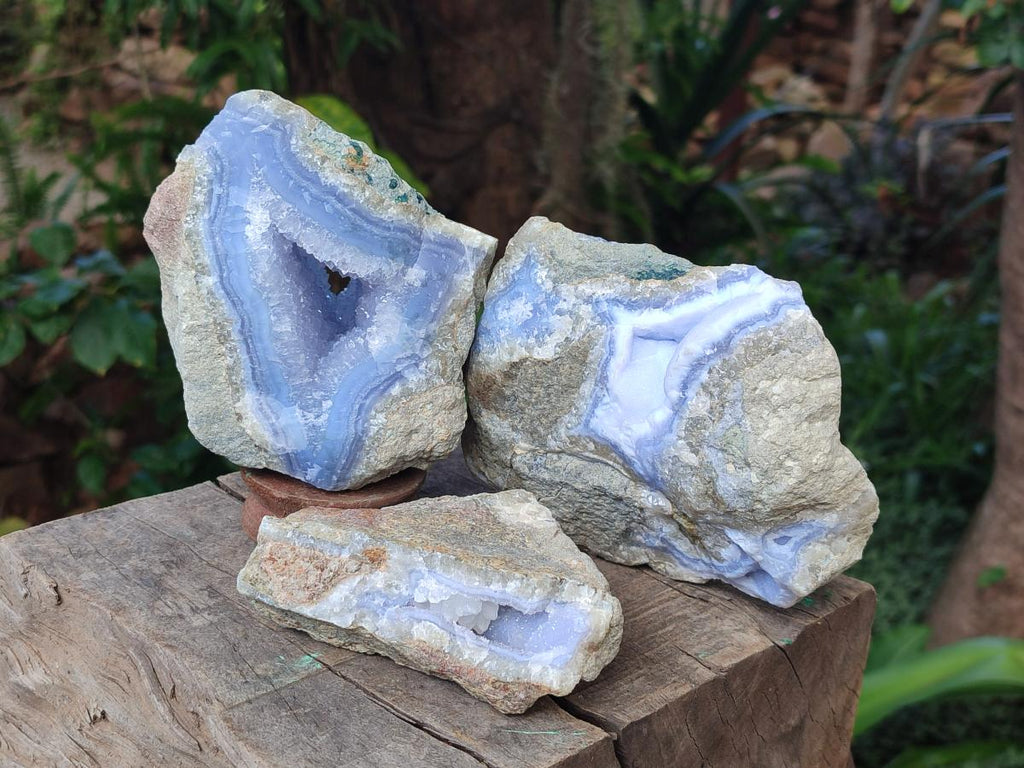 Natural Blue Lace Agate Geode Specimens x 3 From Nsanje, Malawi - Toprock Gemstones and Minerals 