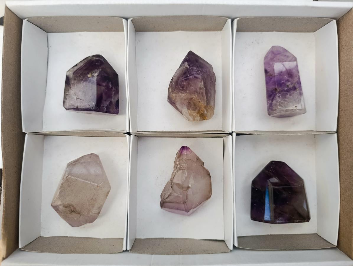 Polished Smokey Window Amethyst Crystals x 6 From Akansobe, Madagascar - Toprock Gemstones and Minerals 