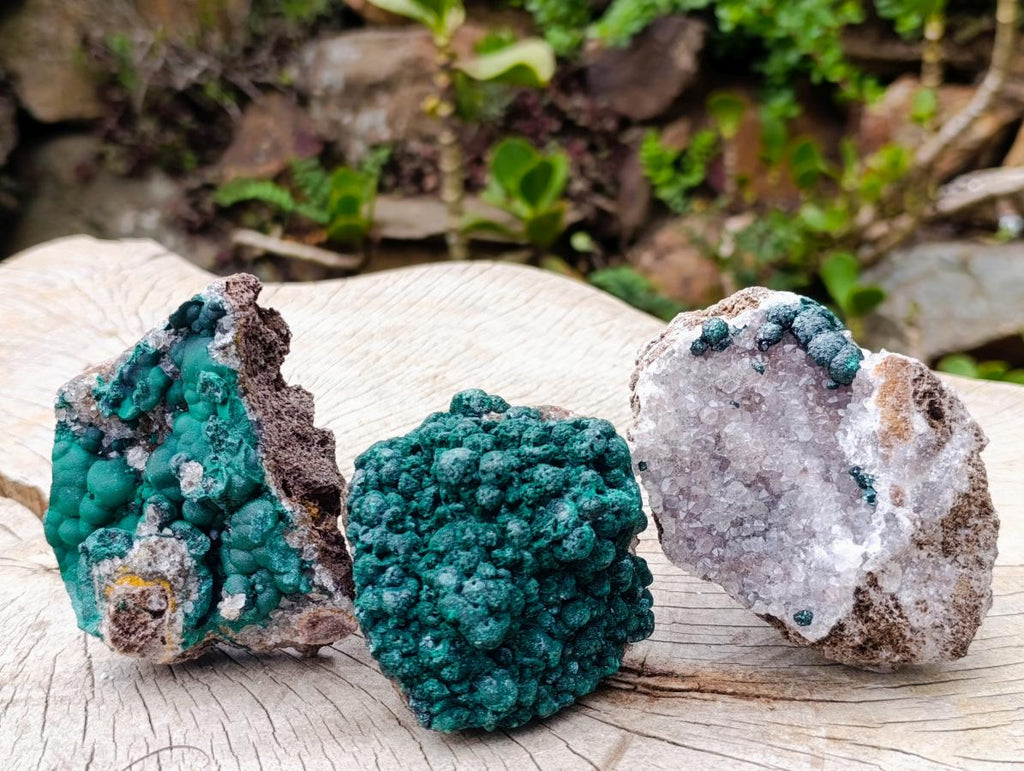 Natural Ball Malachite and Drusy Quartz on Dolomite Specimens x 3 From Mindingi Mine, Kambove, Congo - Toprock Gemstones and Minerals 