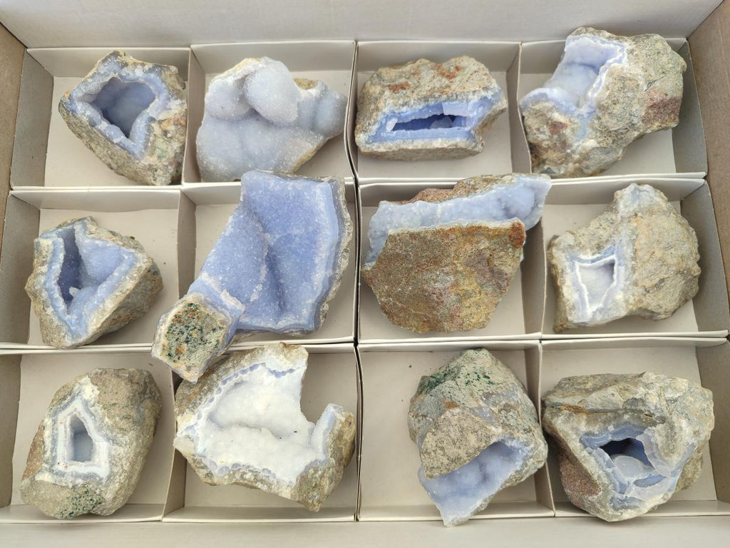 Natural Blue Lace Agate Geodes with Dog Tooth Calcite x 12 From Nsanje, Malawi - Toprock Gemstones and Minerals 