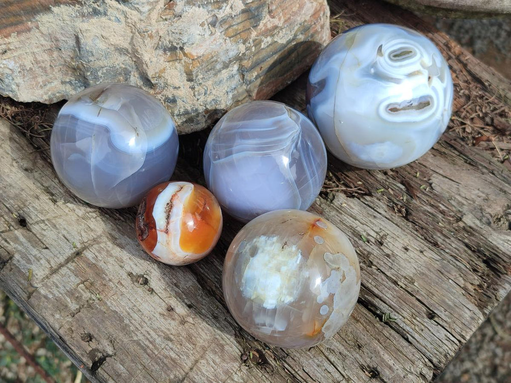 Polished Banded Agate Spheres x 5 From Madagascar - Toprock Gemstones and Minerals 