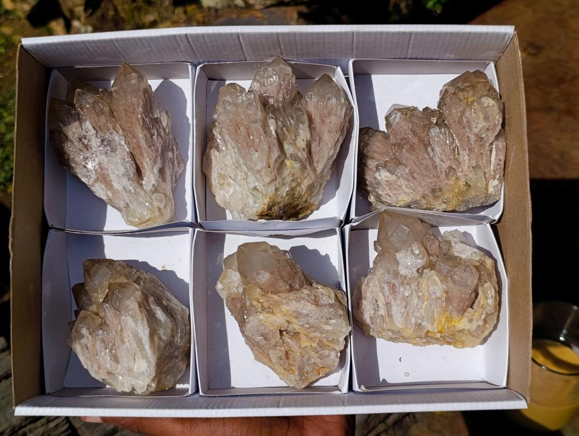 Natural Cascading White Phantom Smokey Luena Quartz Clusters x 6 From Luena, Congo - Toprock Gemstones and Minerals 