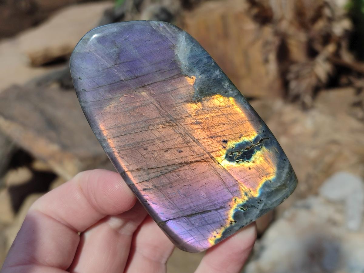 Polished Rare Purple Sunset Flash Labradorite Standing Display Pieces x 3 From Madagascar - Toprock Gemstones and Minerals 
