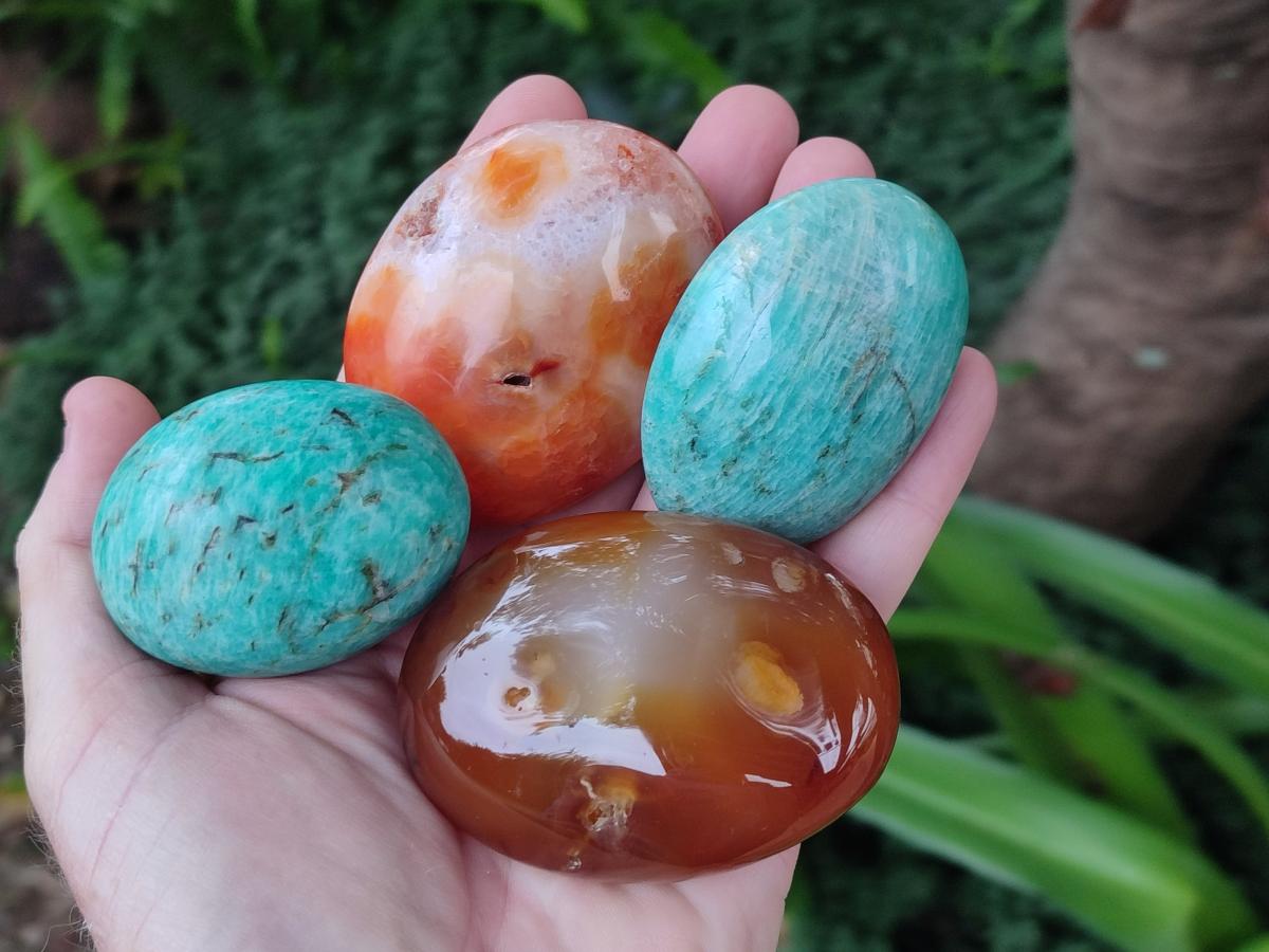 Polished Mixed Carnelian, Girasol and Amazonite Galets x 12 From Madagascar - Toprock Gemstones and Minerals 
