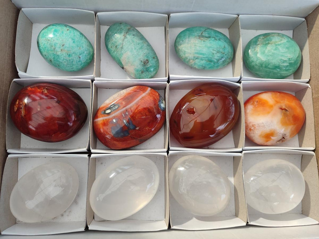 Polished Mixed Carnelian, Girasol and Amazonite Galets x 12 From Madagascar - Toprock Gemstones and Minerals 