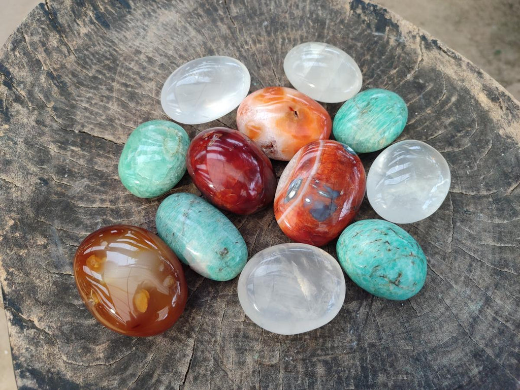 Polished Mixed Carnelian, Girasol and Amazonite Galets x 12 From Madagascar - Toprock Gemstones and Minerals 