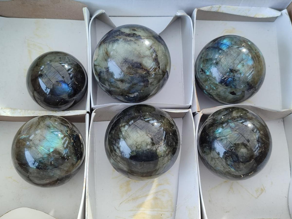 Polished Labradorite Spheres x 6 From Madagascar - Toprock Gemstones and Minerals 