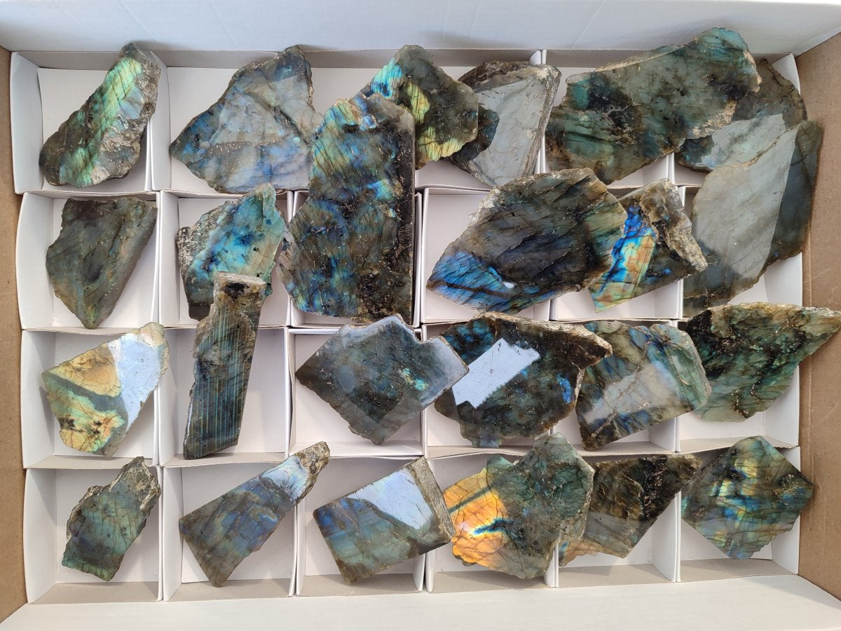 Polished One Side Labradorite Slices x 24 From Madagascar - Toprock Gemstones and Minerals 