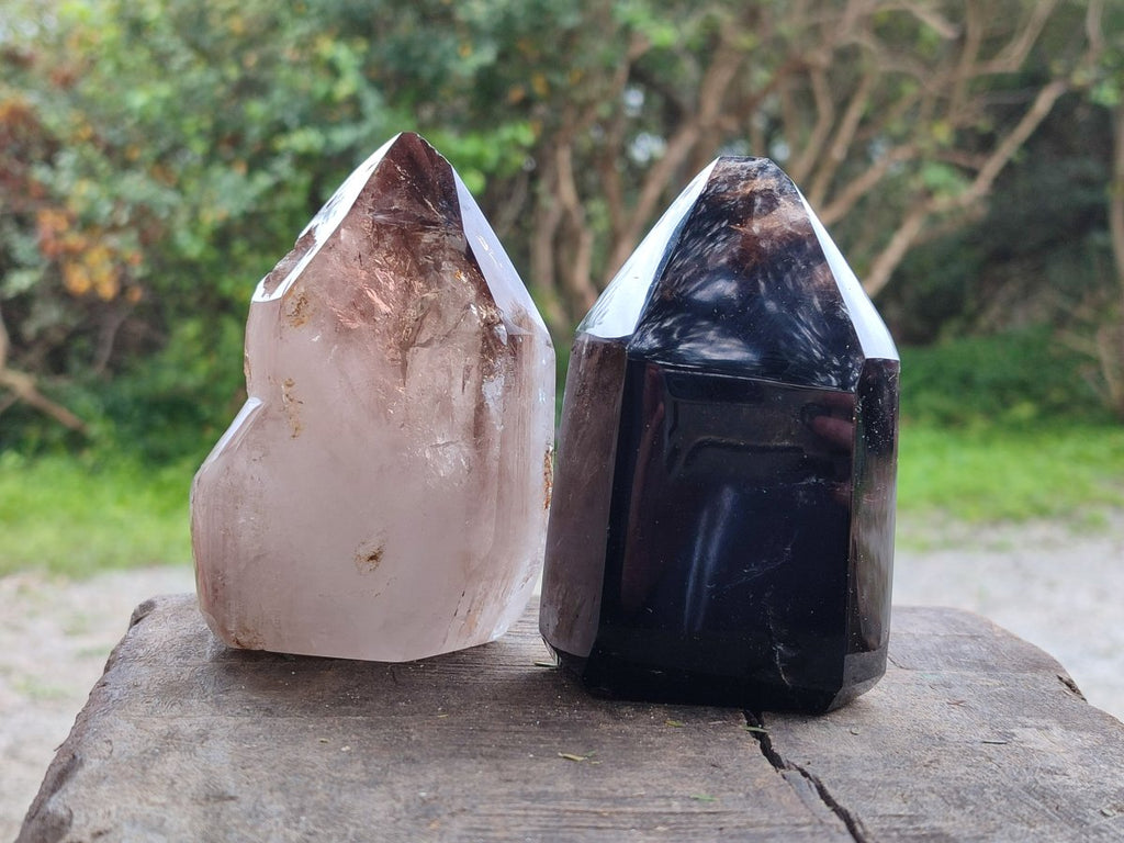Polished Dark Morion Smokey Quartz and Smokey Window Crystals x 2 From Madagascar - Toprock Gemstones and Minerals 